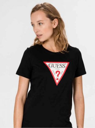 Fekete női pamut nyomtatott póló a Guess-től