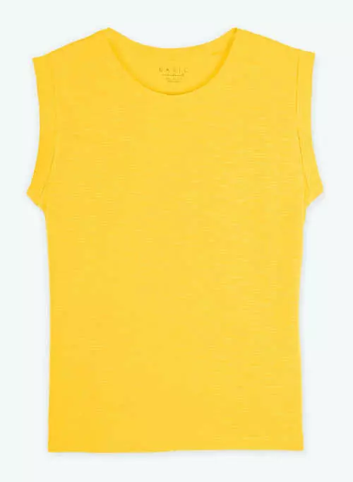 Egyszínű sárga ujjatlan póló nyomtatással