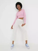 Hosszú ujjú crop top Sinsay modern rózsaszín-fehér csíkos mintával